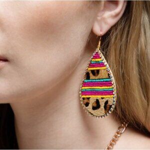 Seed Bead Leopard Print Earrings Teardrop Tan Fuchsia Faux Leather